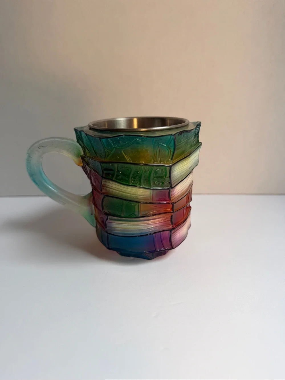 Stacked Book Rainbow Resin Glass Mug with Stainless Insert